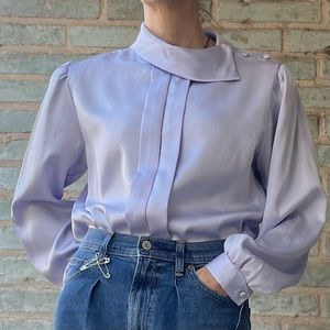 Vintage Satin Blouse 80s Lilac Lavender Silky Pleated Button Shoulder Rhapsody M